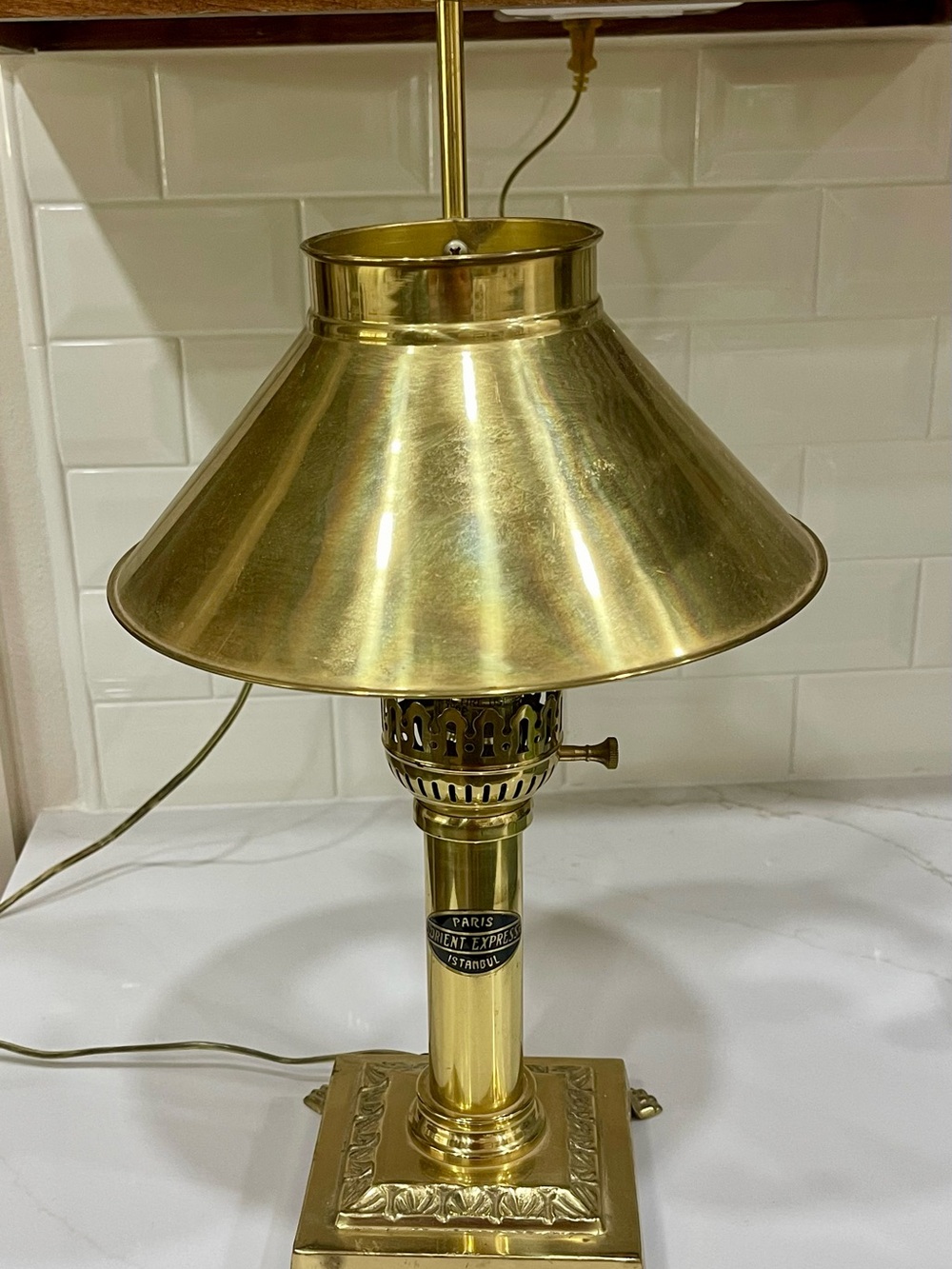 Instanbul Brass Table Lamp Adjustable Shade, Corded Knob, Orient Express Label